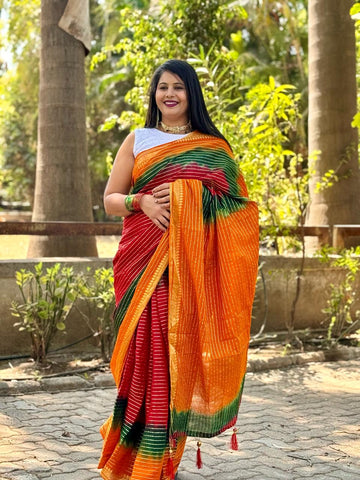 Beautiful Designer Summer Special Satrangi Cotton Block Print Bandhej Saree