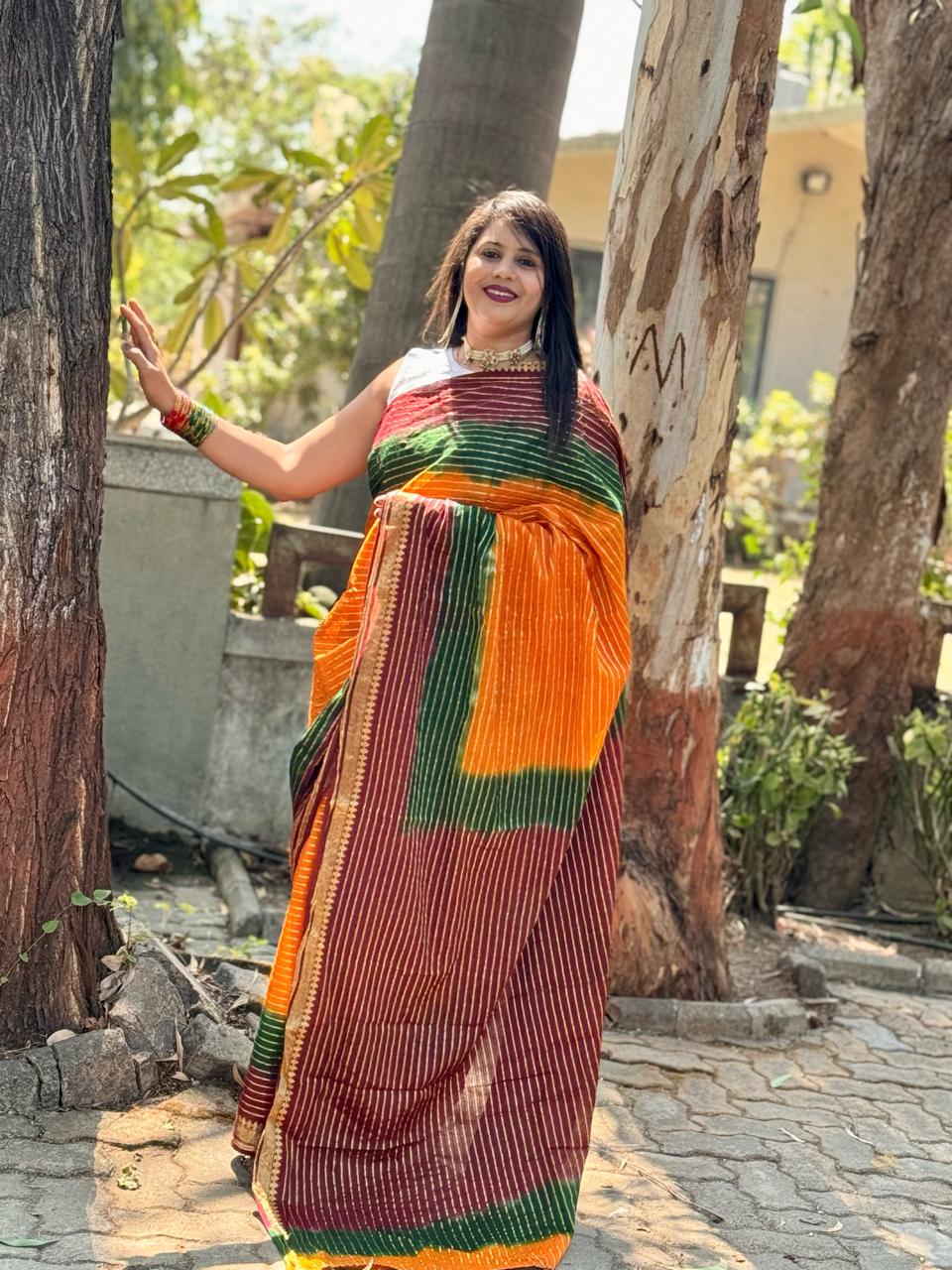 Beautiful Designer Summer Special Satrangi Cotton Block Print Bandhej Saree