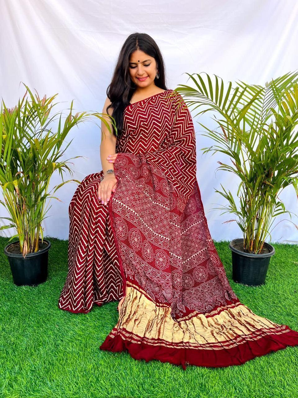 Beautiful Designer Ajrakh Pallu Chex Guji Bandhej Saree
