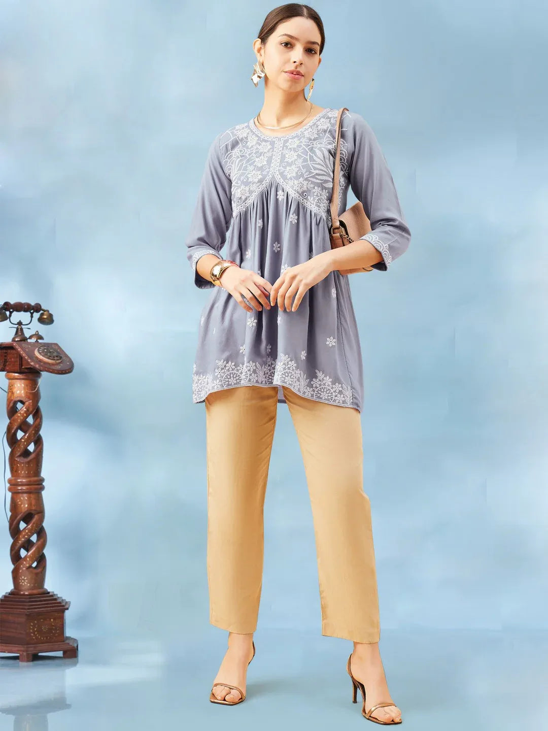 Beautiful Designer Reyon Tunics Ethnic Motif White Embroidery Thread Work Kurti Top