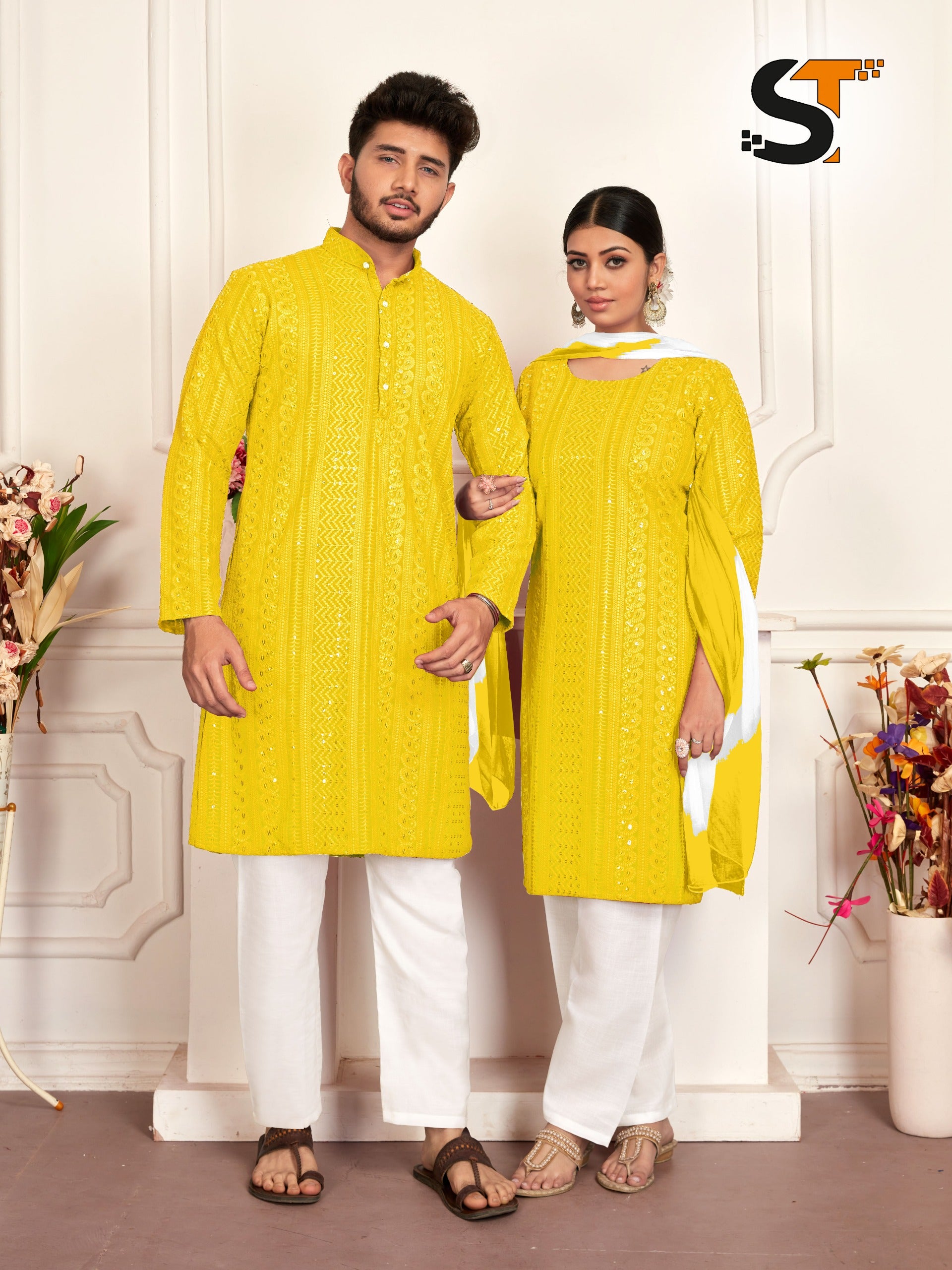 Beautiful Designer Pure Reyon With Sequenc Men's Women's Couple Combo Kurta Pyjama Set