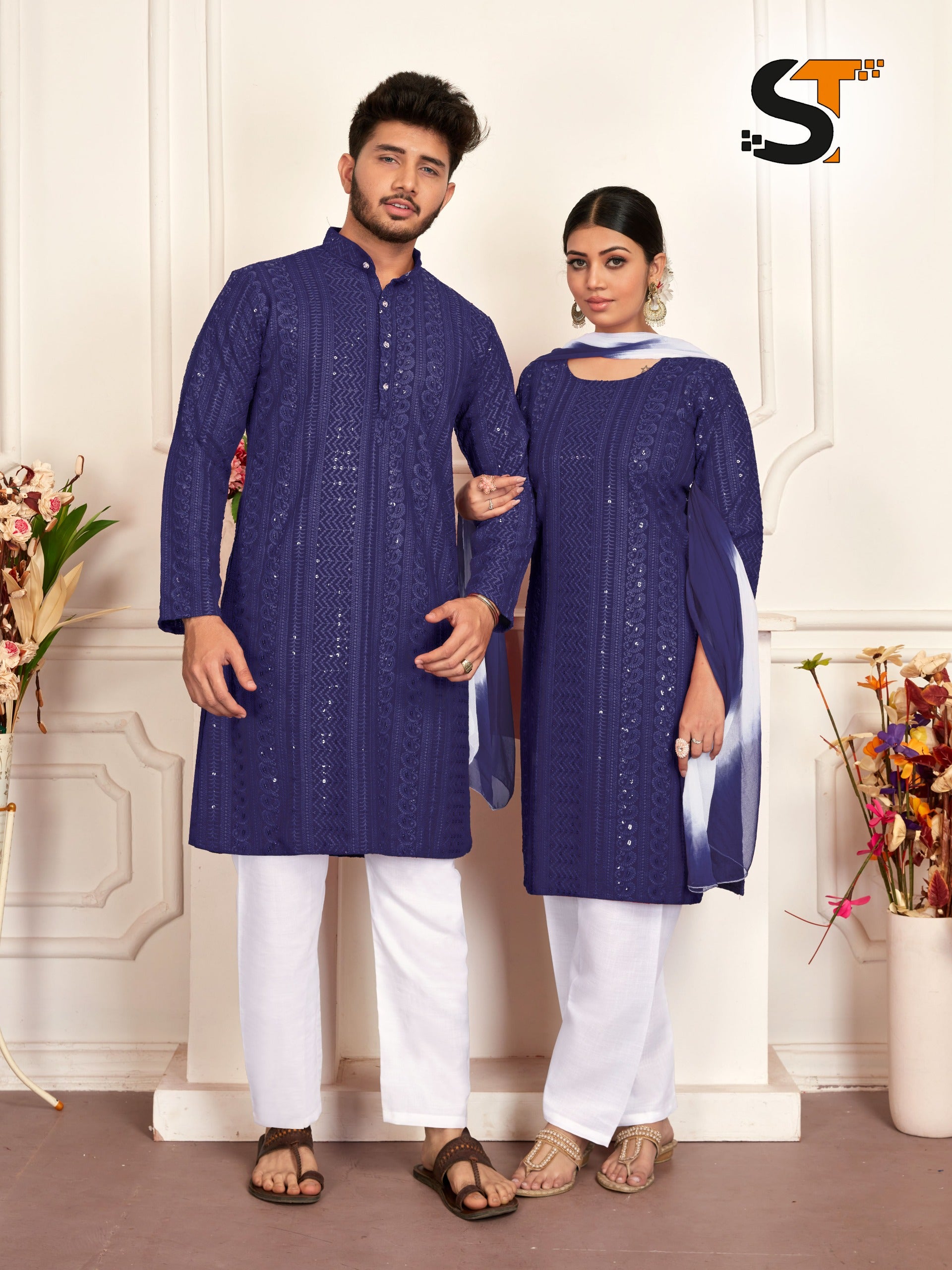 Beautiful Designer Pure Reyon With Sequenc Men's Women's Couple Combo Kurta Pyjama Set