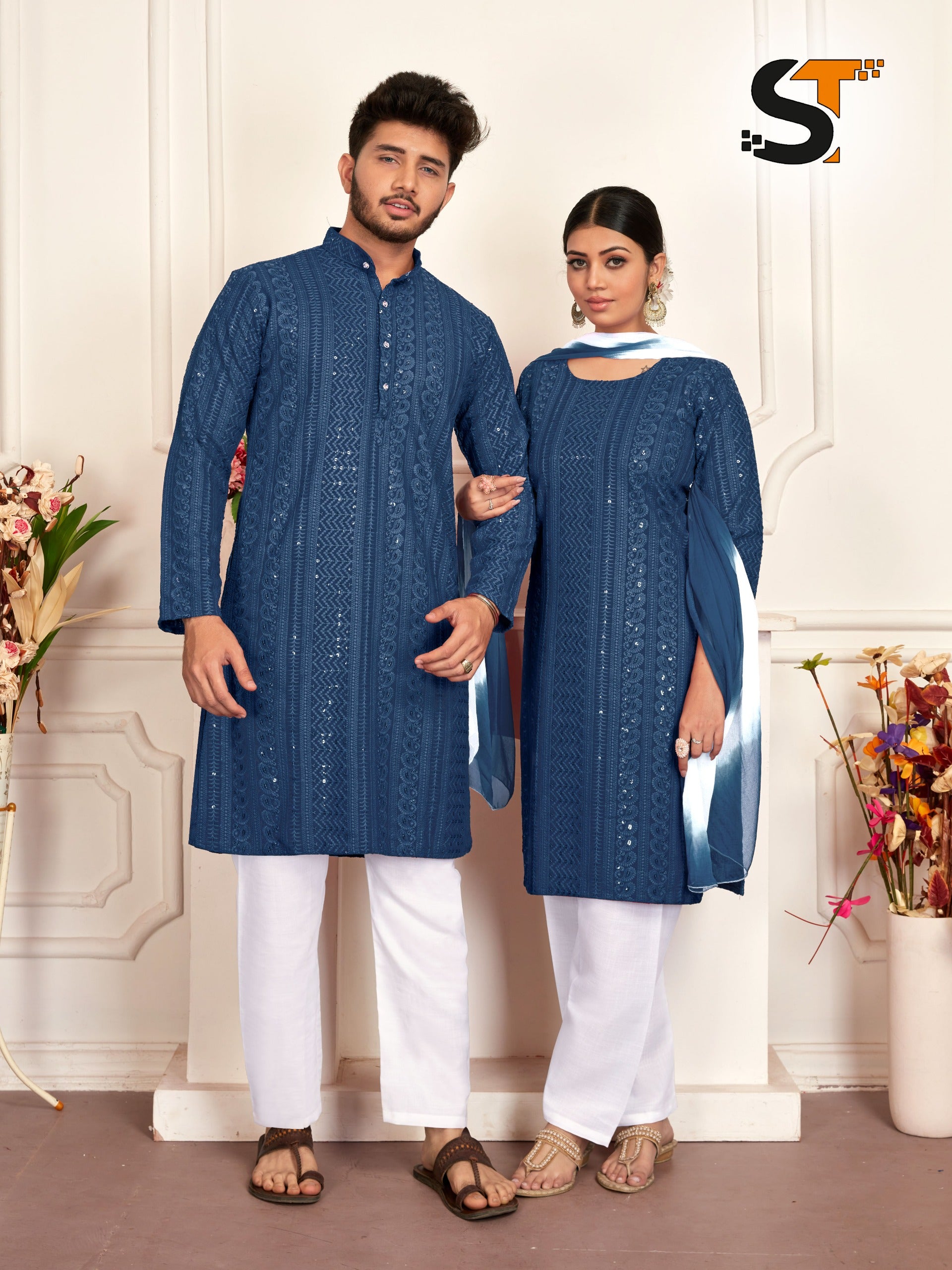 Beautiful Designer Pure Reyon With Sequenc Men's Women's Couple Combo Kurta Pyjama Set