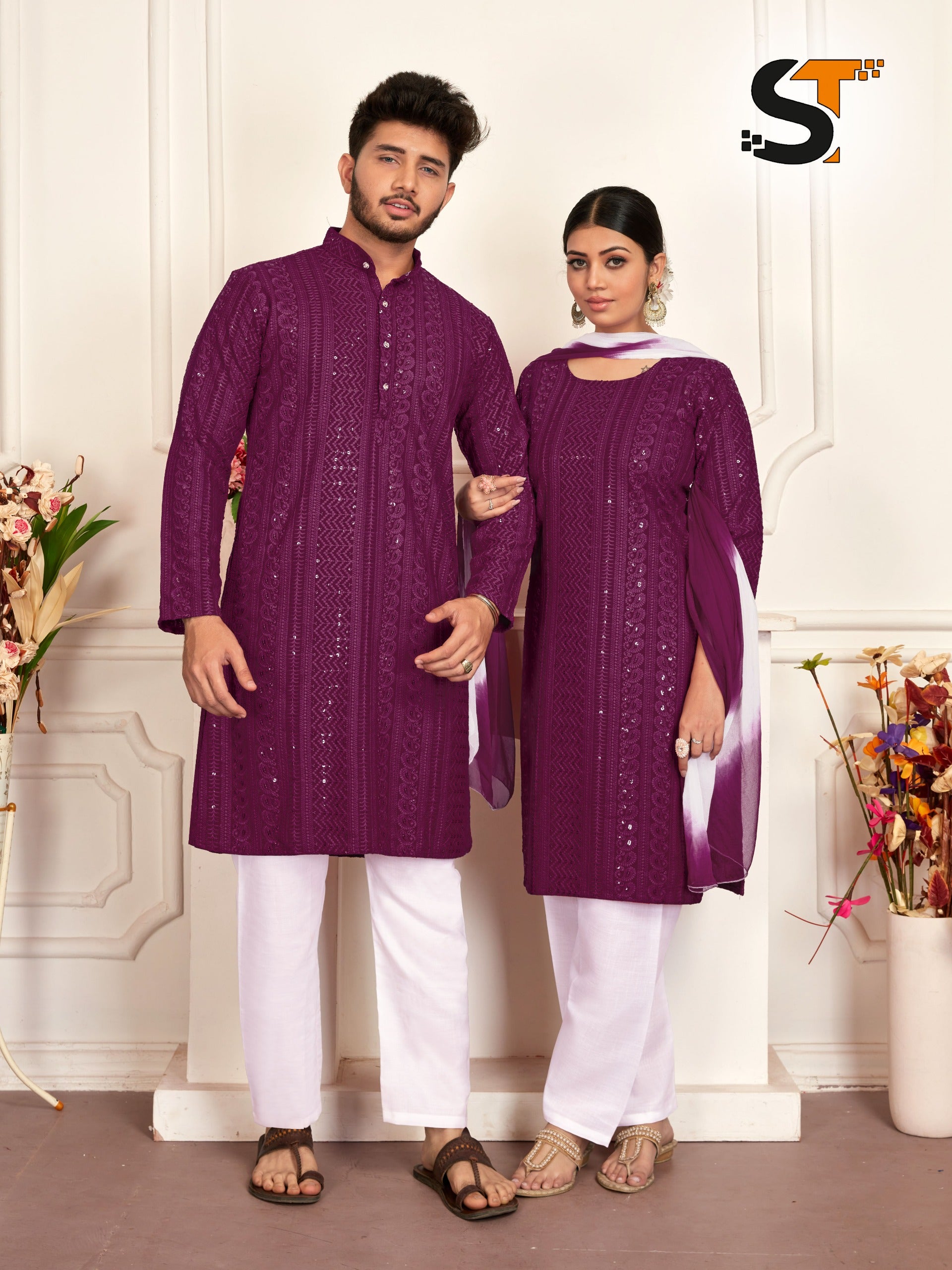Beautiful Designer Pure Reyon With Sequenc Men's Women's Couple Combo Kurta Pyjama Set