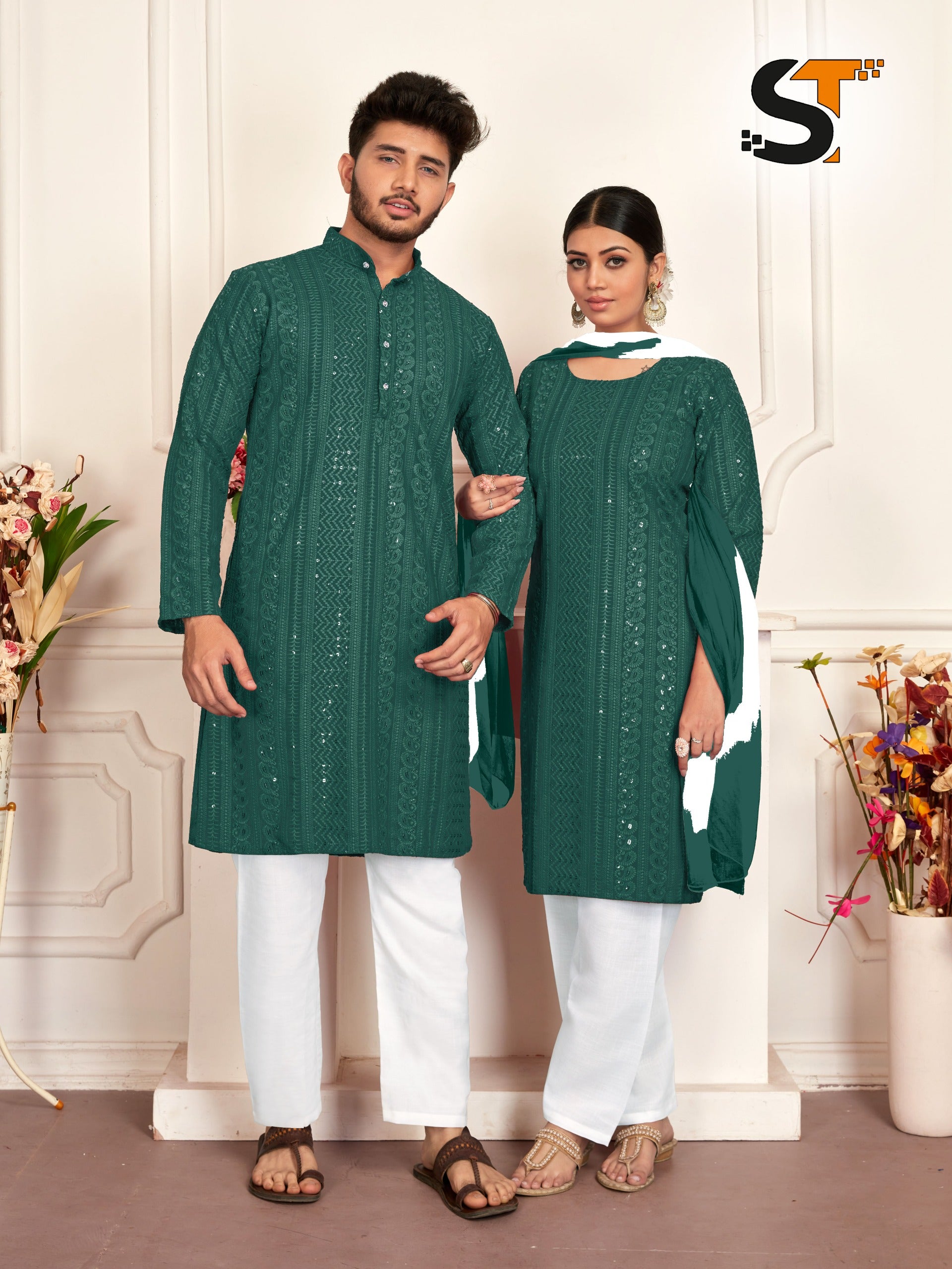 Beautiful Designer Pure Reyon With Sequenc Men's Women's Couple Combo Kurta Pyjama Set