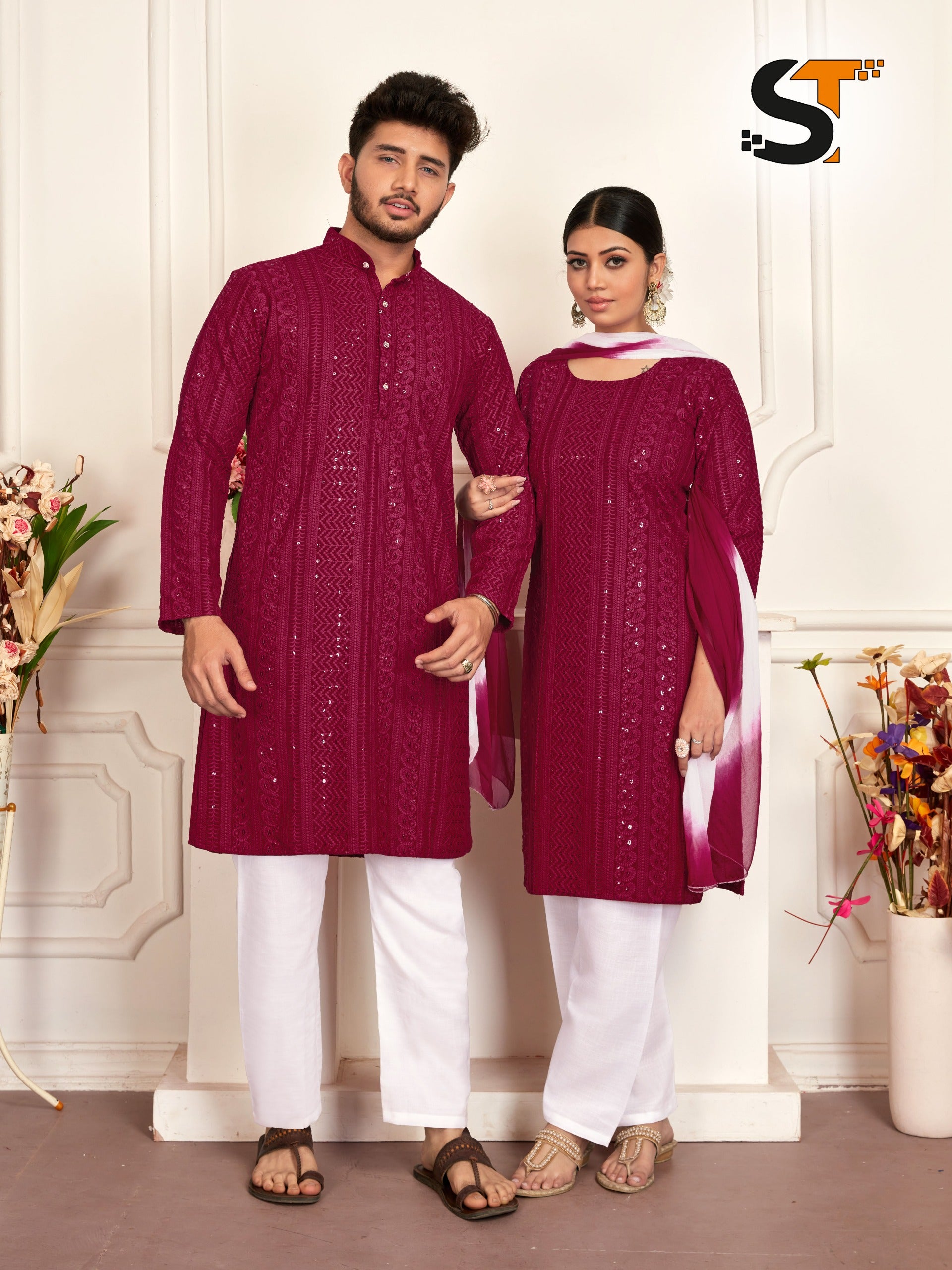 Beautiful Designer Pure Reyon With Sequenc Men's Women's Couple Combo Kurta Pyjama Set