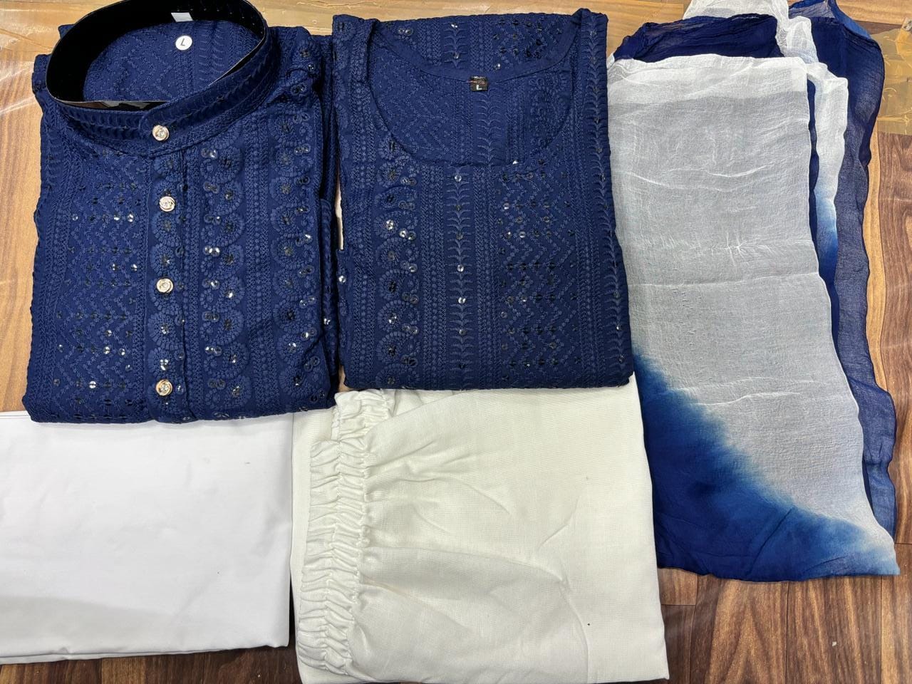 Beautiful Designer Pure Reyon With Sequenc Men's Women's Couple Combo Kurta Pyjama Set