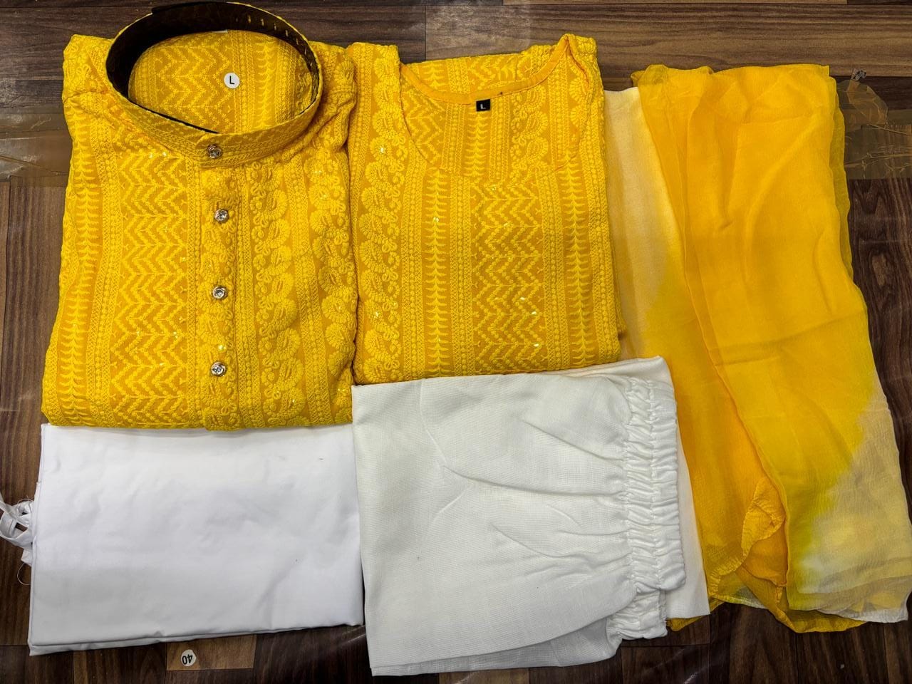 Beautiful Designer Pure Reyon With Sequenc Men's Women's Couple Combo Kurta Pyjama Set