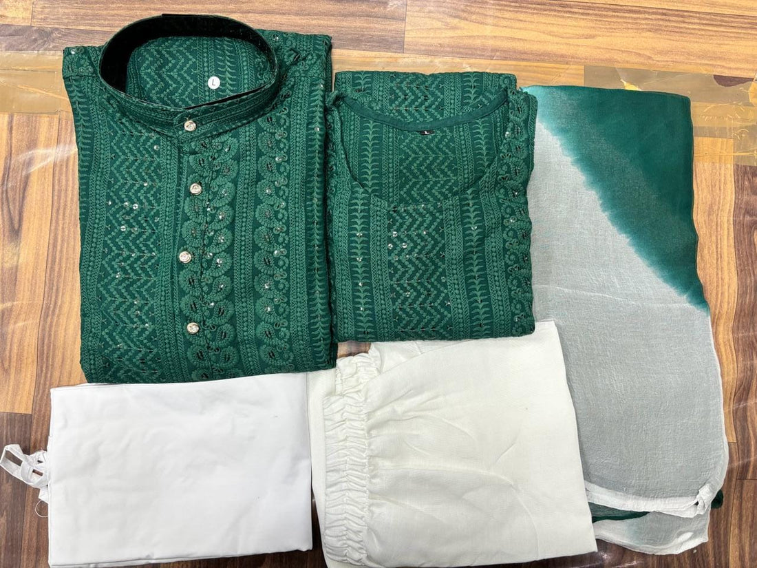 Beautiful Designer Pure Reyon With Sequenc Men's Women's Couple Combo Kurta Pyjama Set