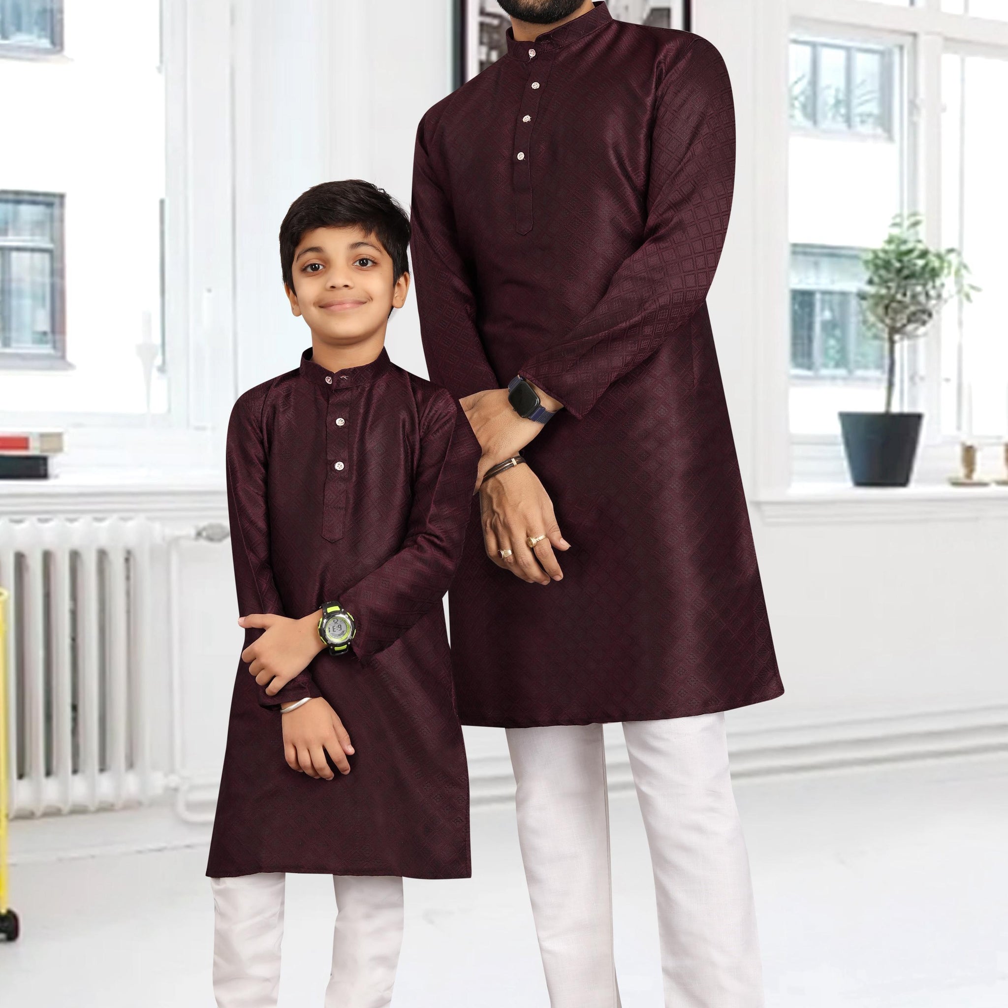 Beautiful Designer Pure Cotton Father Son Matching Combo Kurta Pyjama Set