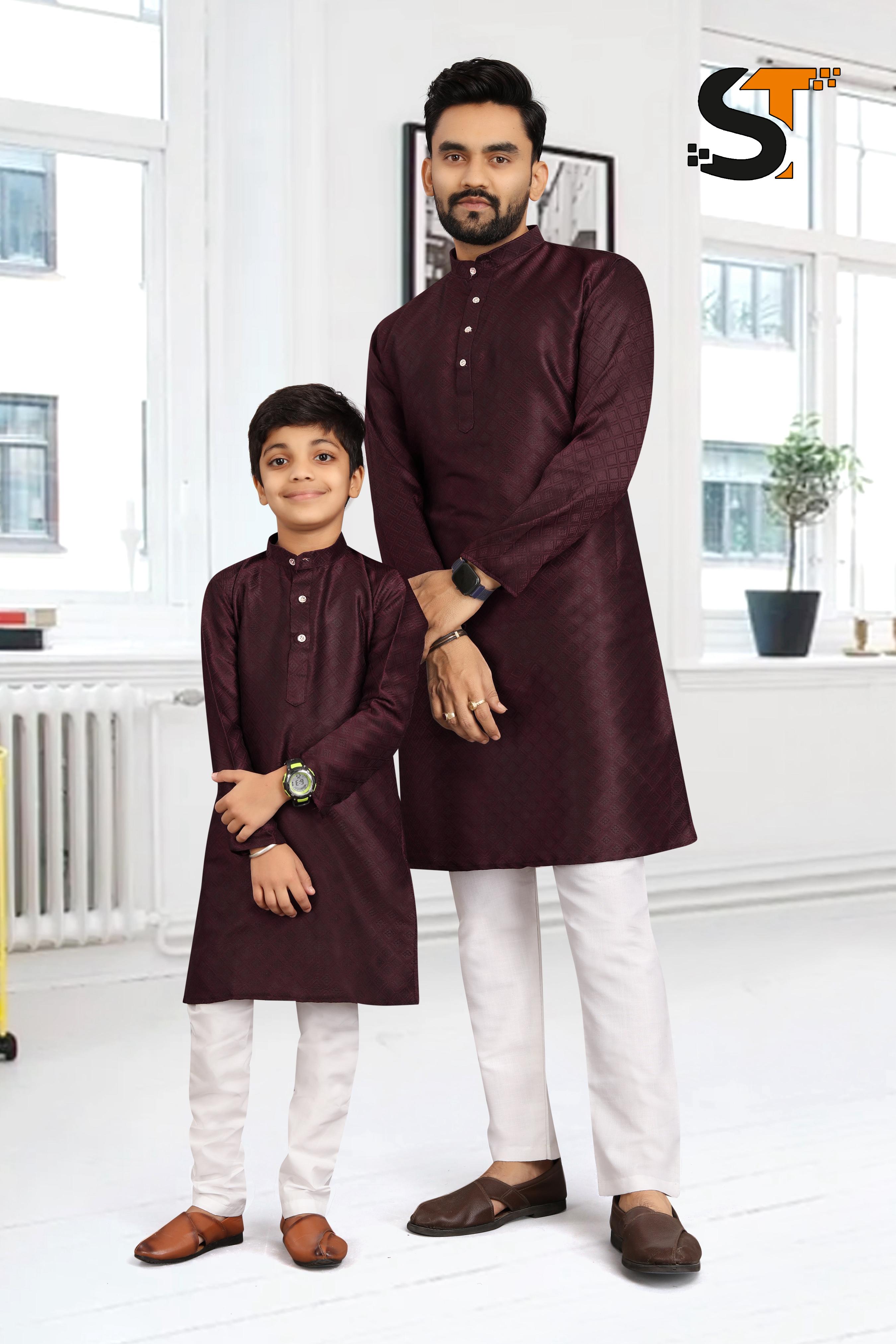 Beautiful Designer Pure Cotton Father Son Matching Combo Kurta Pyjama Set