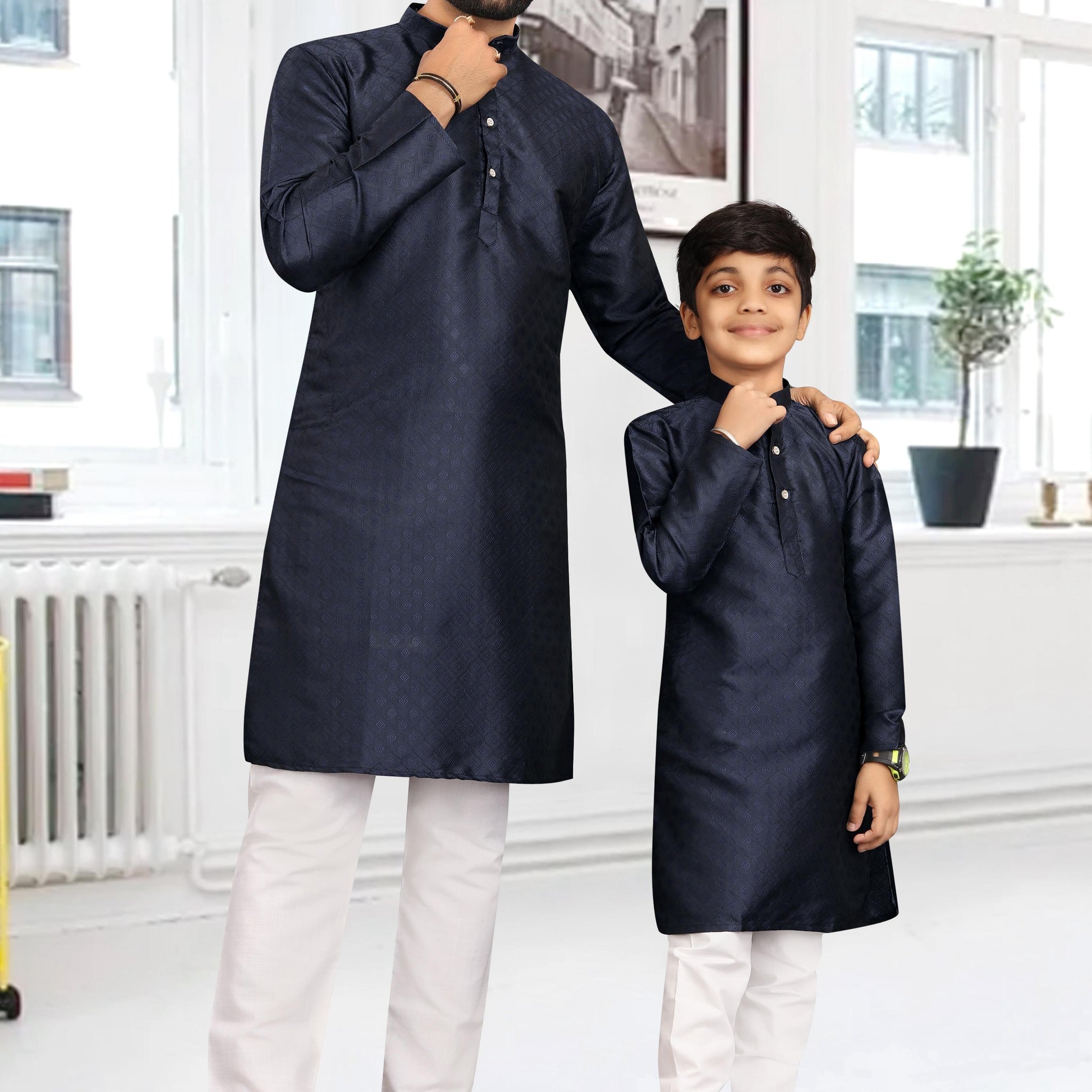 Beautiful Designer Pure Cotton Father Son Matching Combo Kurta Pyjama Set
