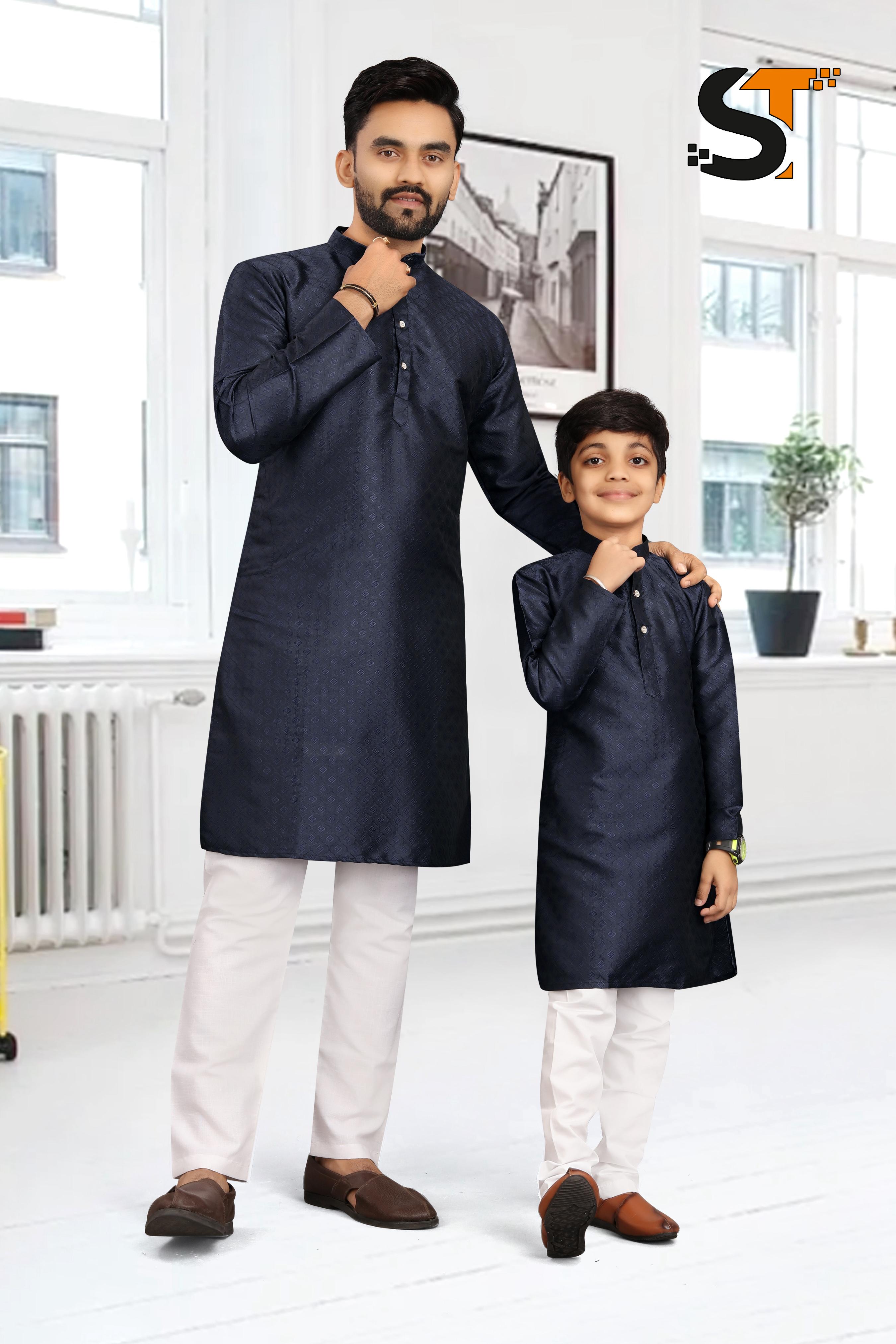 Beautiful Designer Pure Cotton Father Son Matching Combo Kurta Pyjama Set