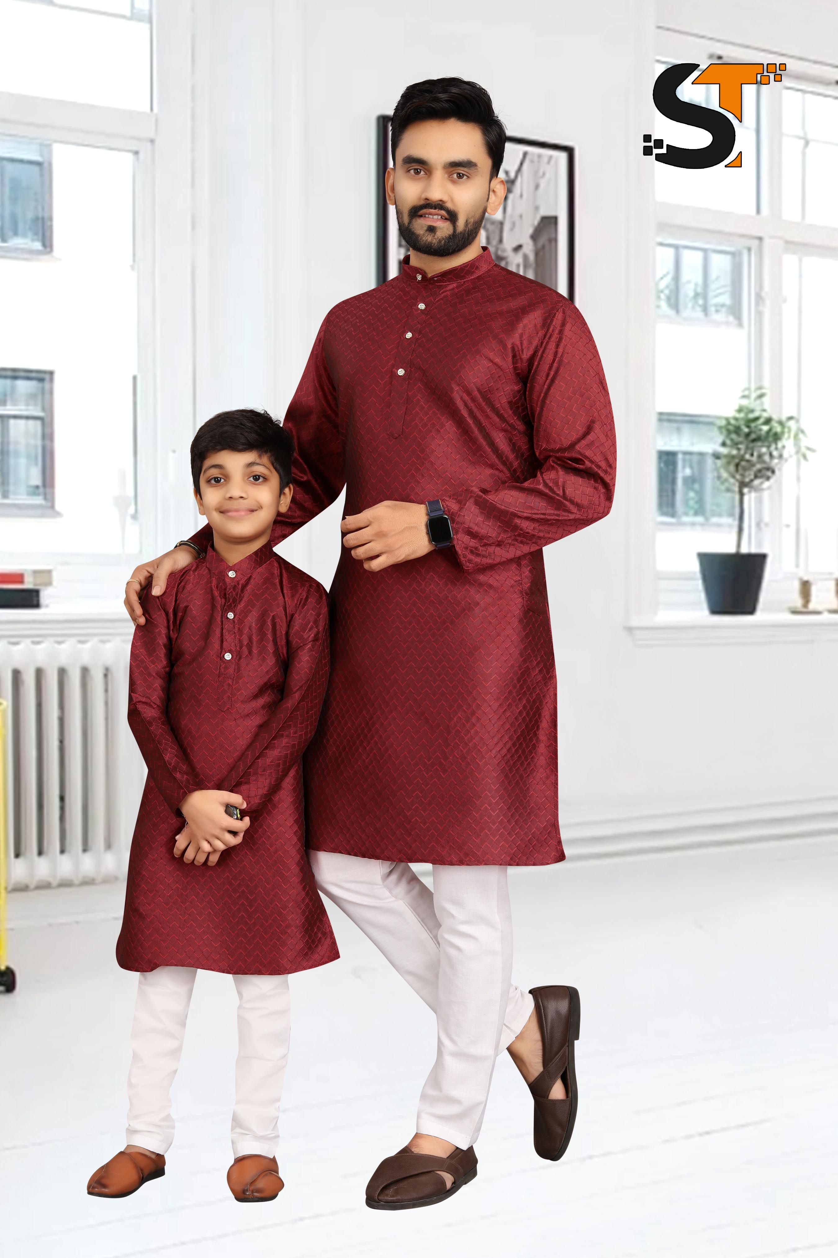 Beautiful Designer Pure Cotton Father Son Matching Combo Kurta Pyjama Set