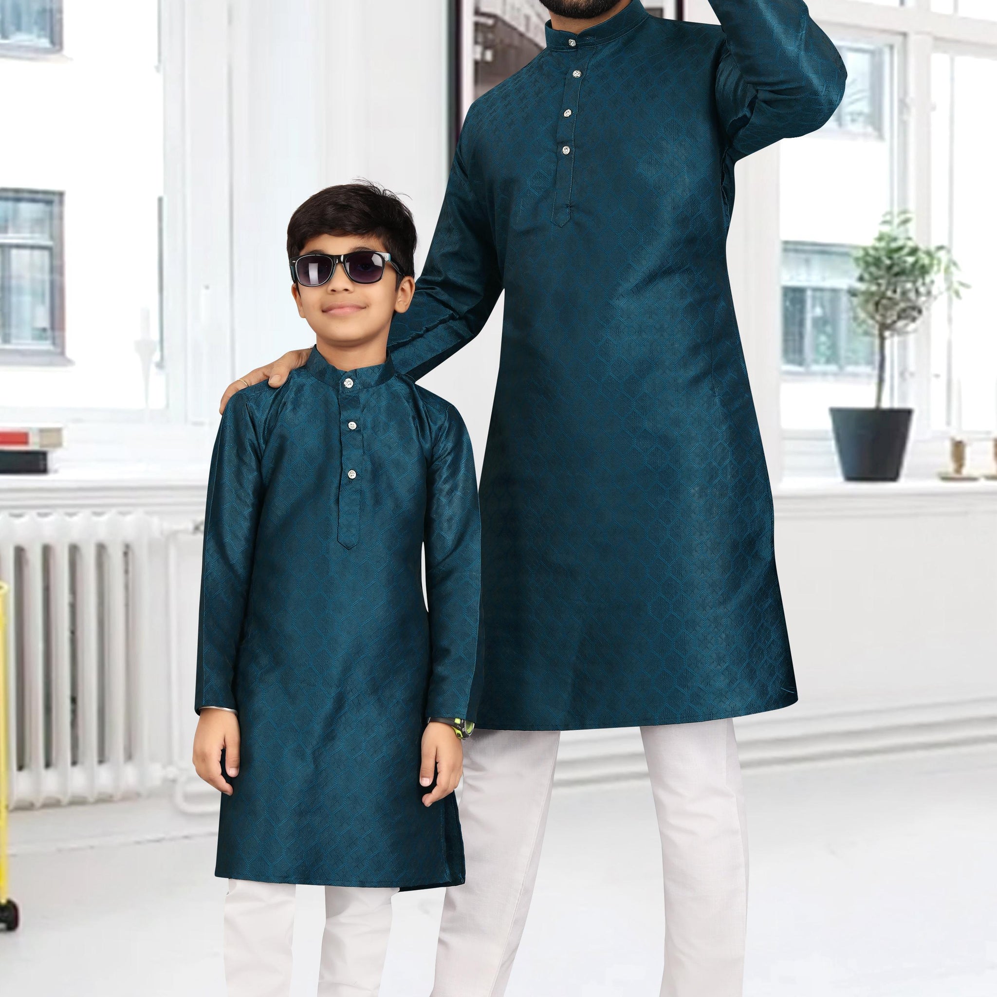 Beautiful Designer Pure Cotton Father Son Matching Combo Kurta Pyjama Set
