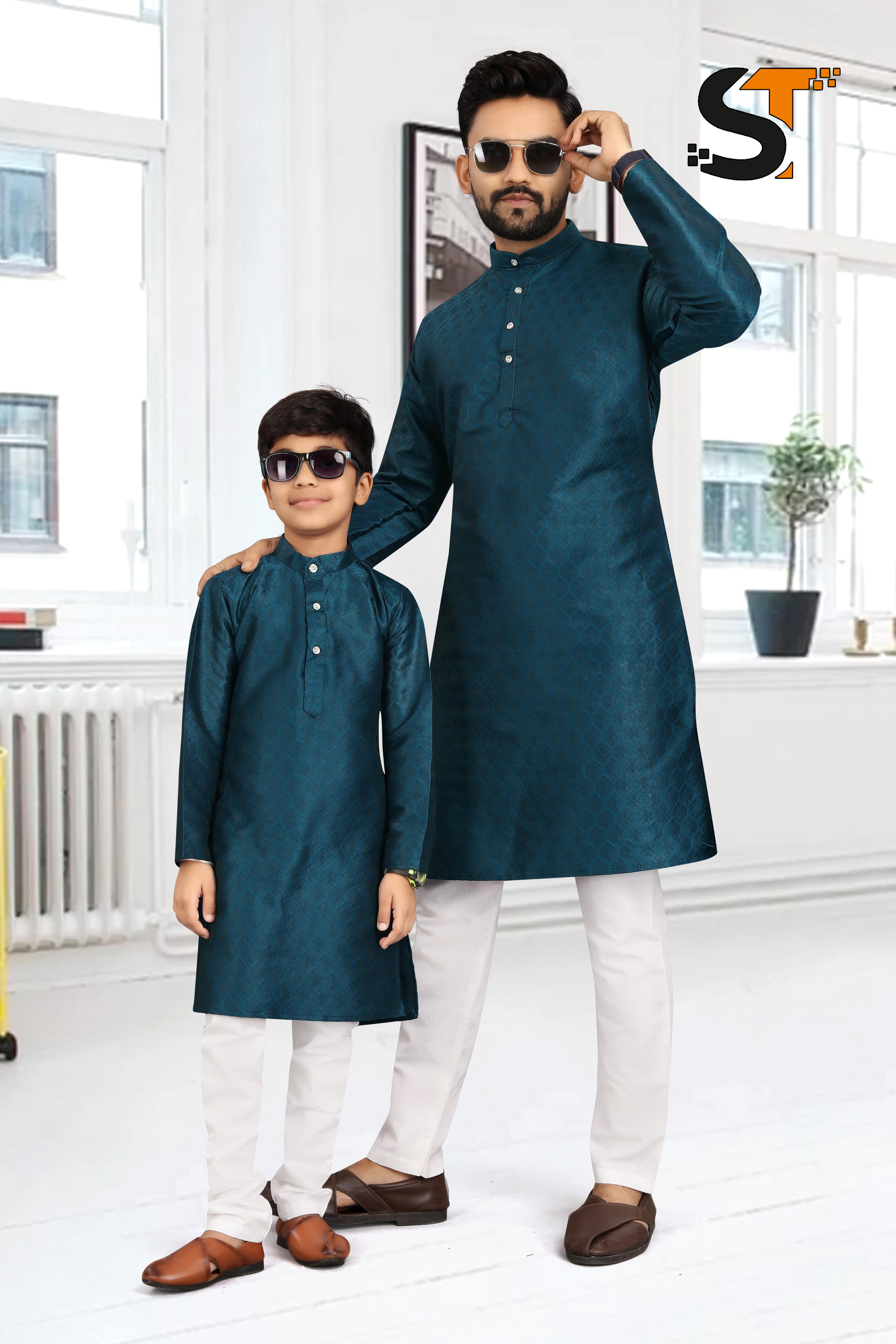 Beautiful Designer Pure Cotton Father Son Matching Combo Kurta Pyjama Set
