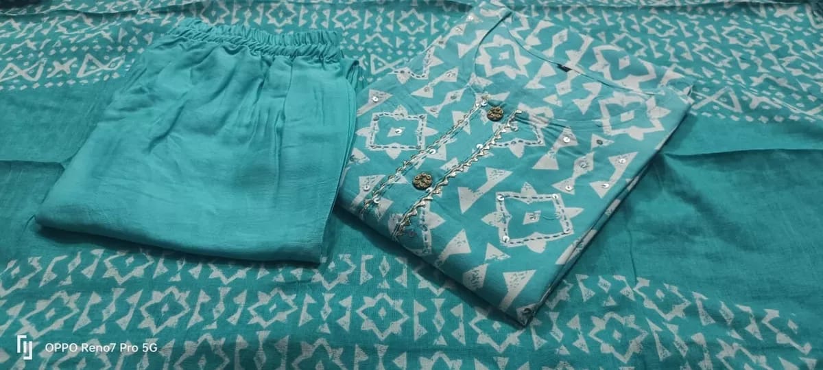 Beautiful Designer Heavy Rayon Cotton Kurti Pant With Dupatta Salwar Suit