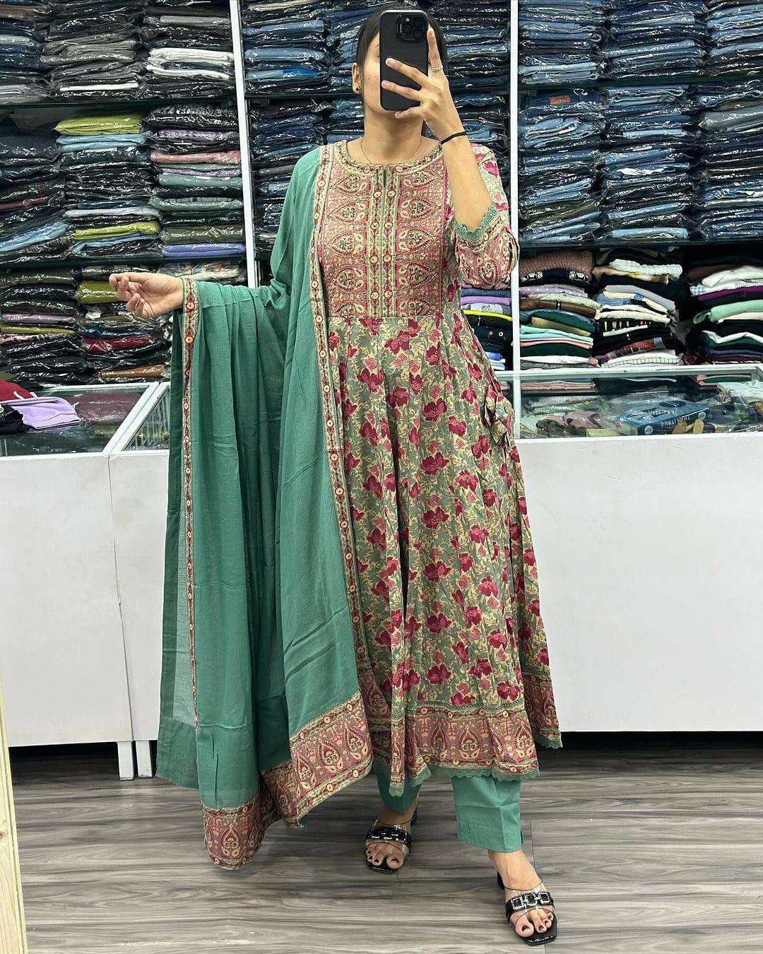 Beautiful Designer Party Wear Voluminous Anarkali Pure Cotton Salwar Suit