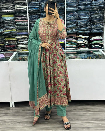 Beautiful Designer Party Wear Voluminous Anarkali Pure Cotton Salwar Suit