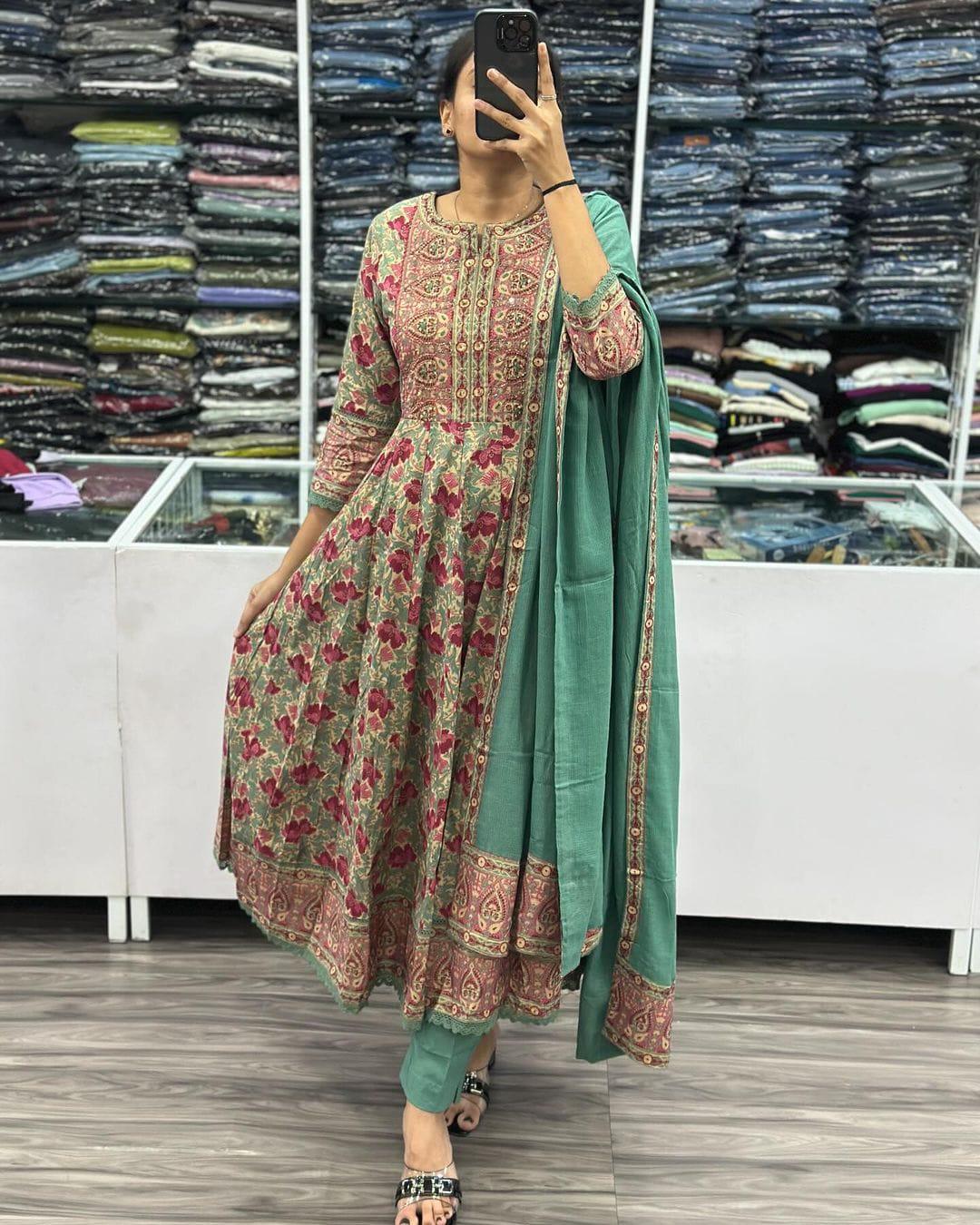 Beautiful Designer Party Wear Voluminous Anarkali Pure Cotton Salwar Suit