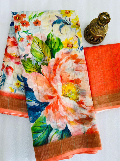 Beautiful Designer Party Wear Pure Linen Saree
