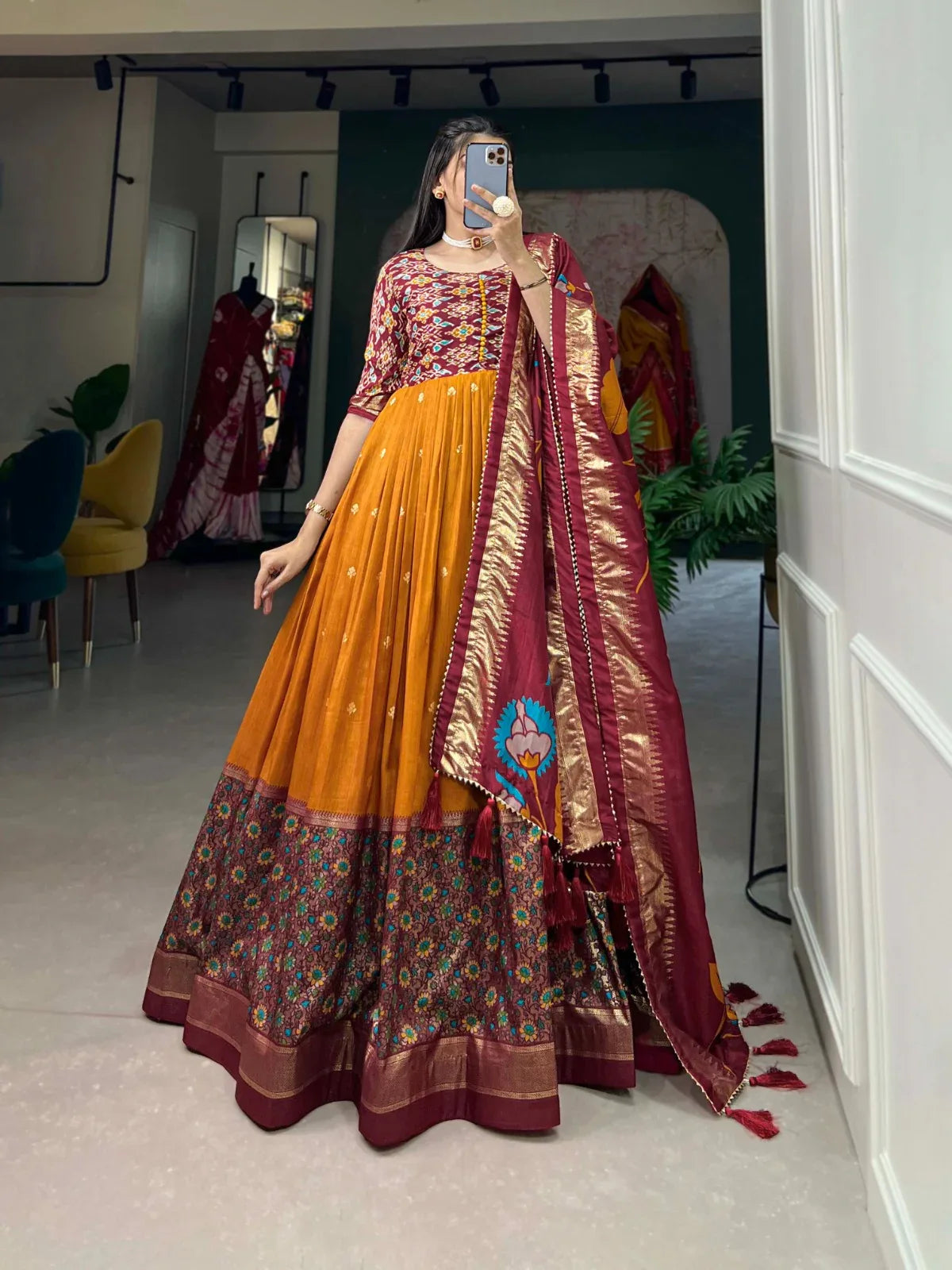 Beautiful Designer Tussar Silk Patola &amp; Floral Print Gwon