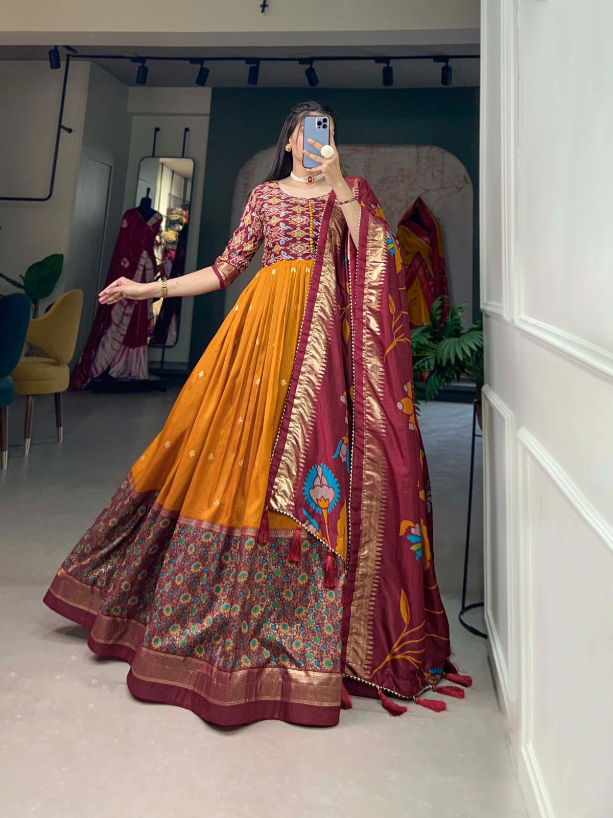 Beautiful Designer Tussar Silk Patola & Floral Print Gwon