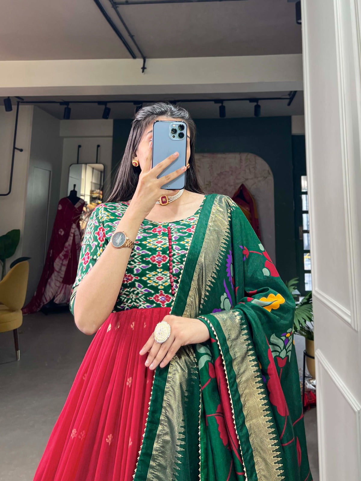 Beautiful Designer Tussar Silk Patola & Floral Print Gwon