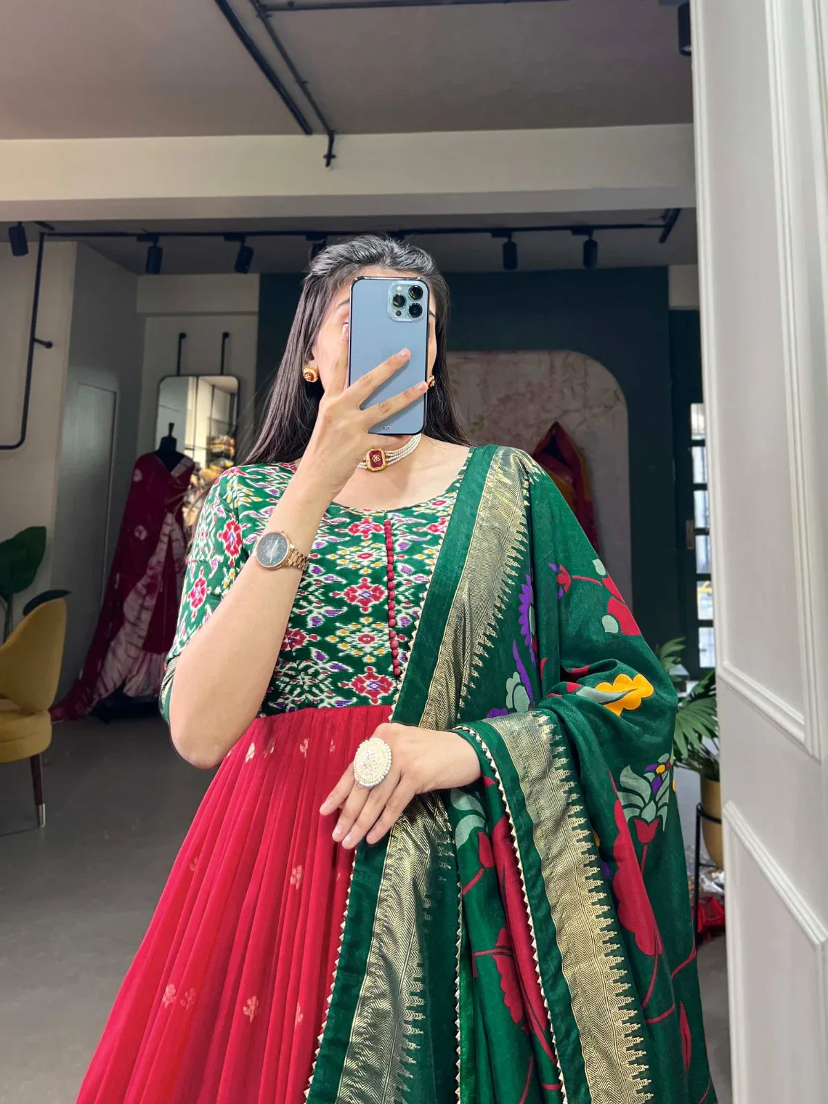 Beautiful Designer Tussar Silk Patola &amp; Floral Print Gwon