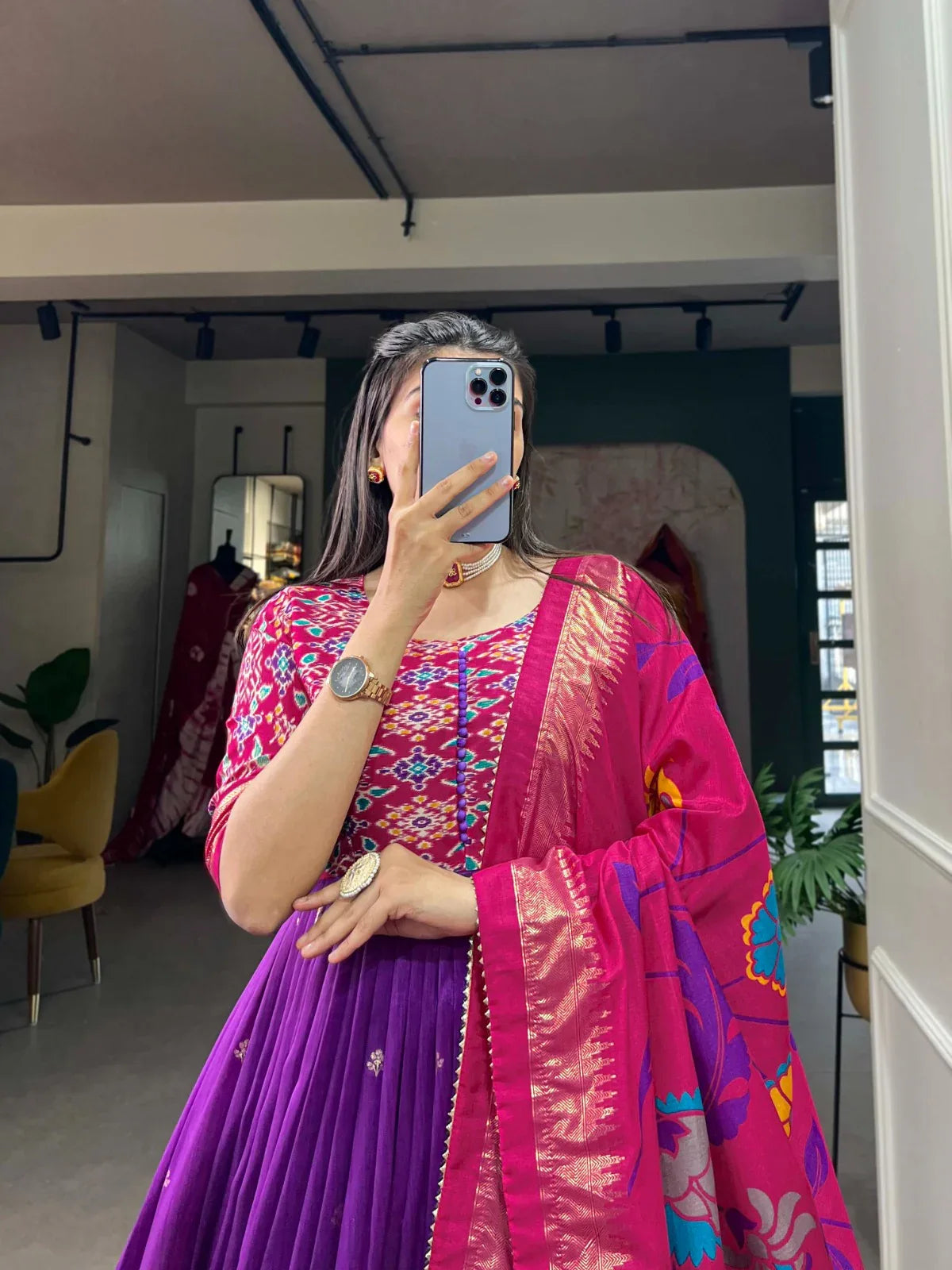 Beautiful Designer Tussar Silk Patola &amp; Floral Print Gwon