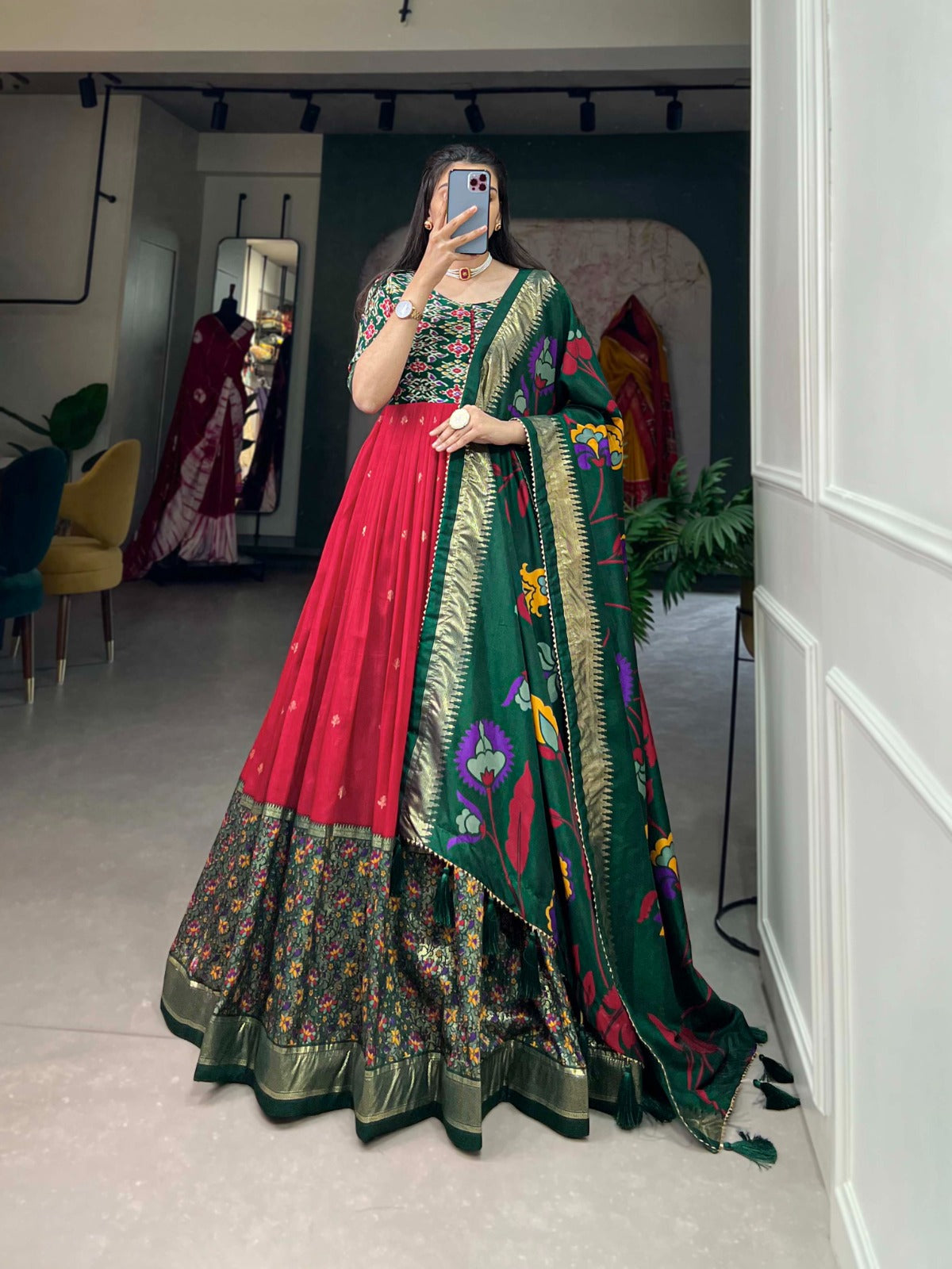 Beautiful Designer Tussar Silk Patola & Floral Print Gwon
