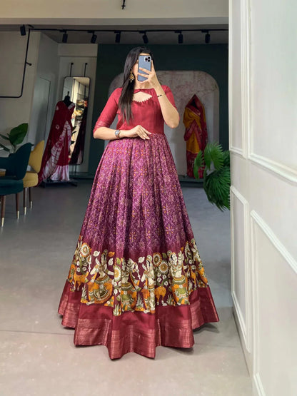 Beautiful Designer Tussar Silk Patola &amp; Floral Print Gwon