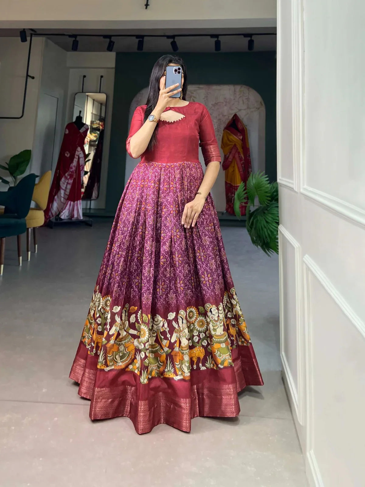 Beautiful Designer Tussar Silk Patola &amp; Floral Print Gwon