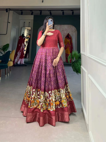 Beautiful Designer Tussar Silk Patola &amp; Floral Print Gwon