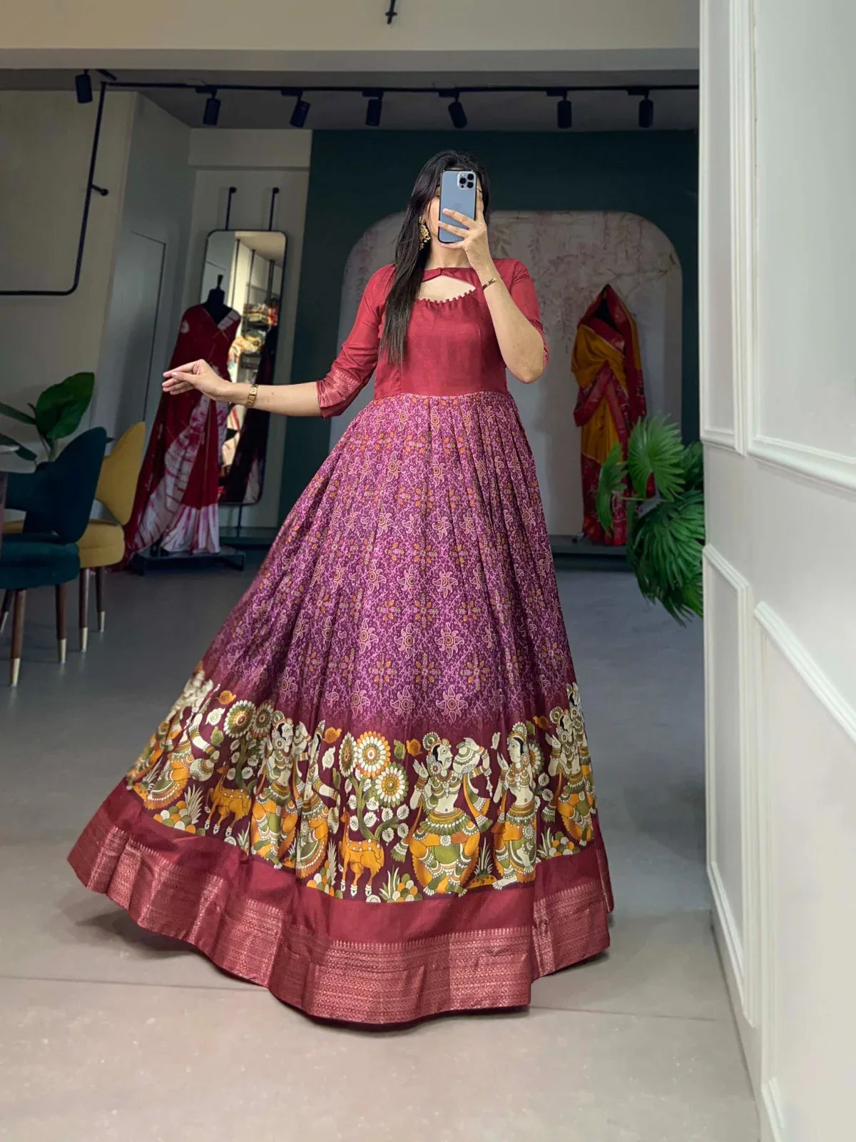 Beautiful Designer Tussar Silk Patola &amp; Floral Print Gwon