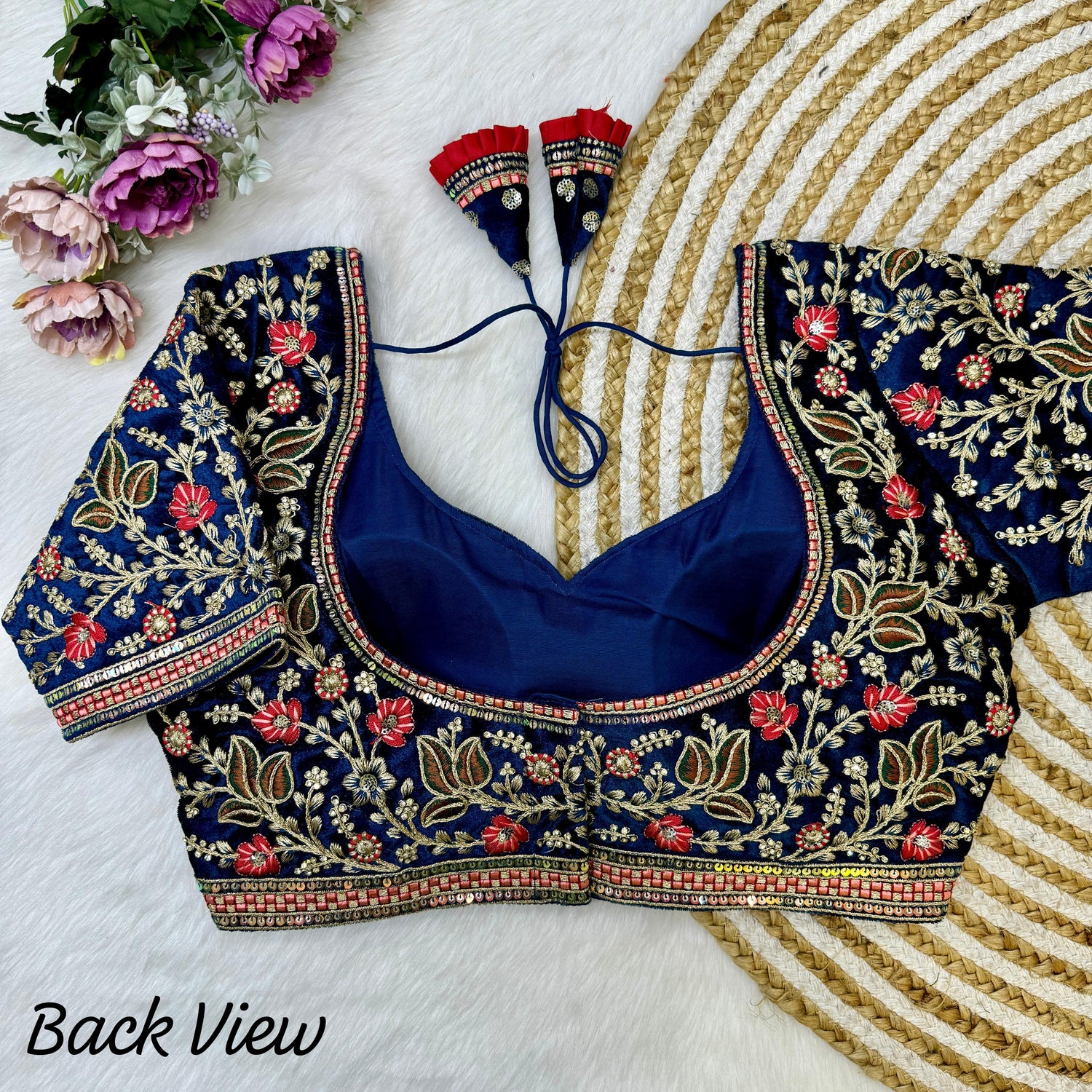Designer Readymade Heavy Soft Velvet Real American Diamond Long Stitch Work Blouse