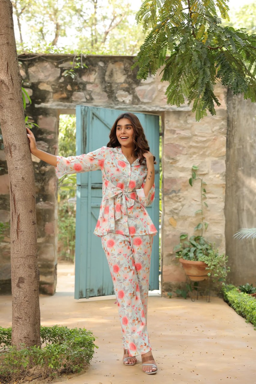 Beautiful Designer Floral Printed Lapel Cotton Co Ord Set