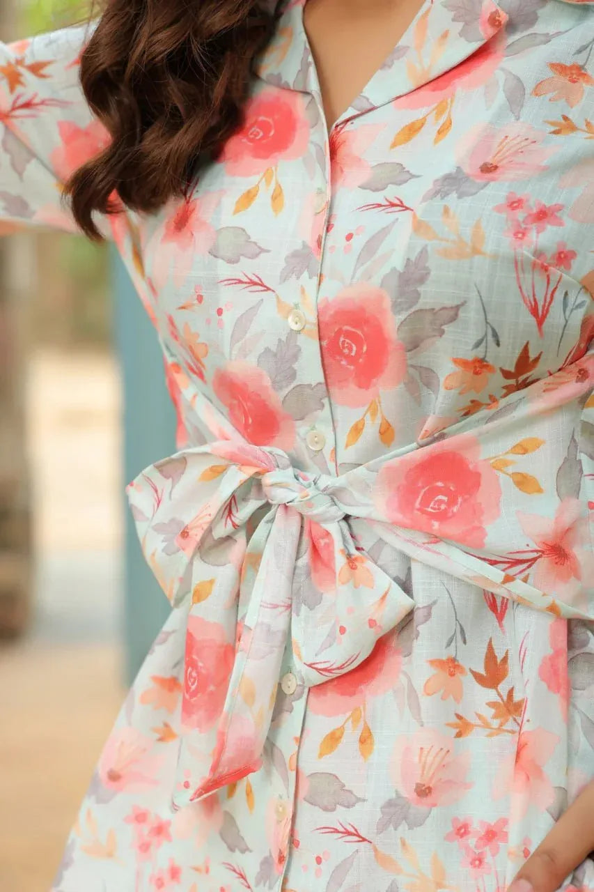 Beautiful Designer Floral Printed Lapel Cotton Co Ord Set