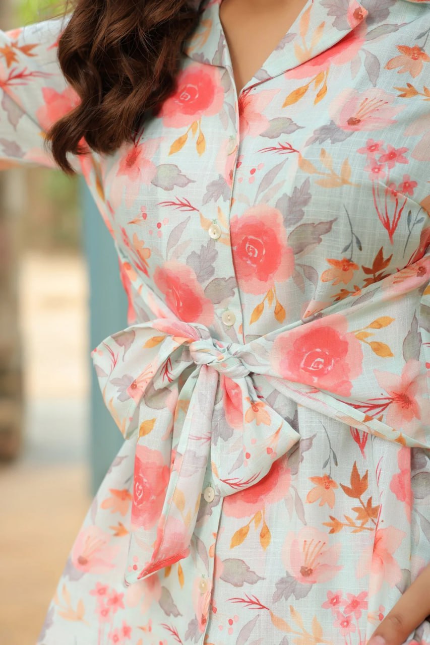 Beautiful Designer Floral Printed Lapel Cotton Co Ord Set