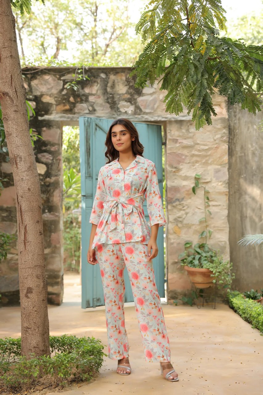 Beautiful Designer Floral Printed Lapel Cotton Co Ord Set