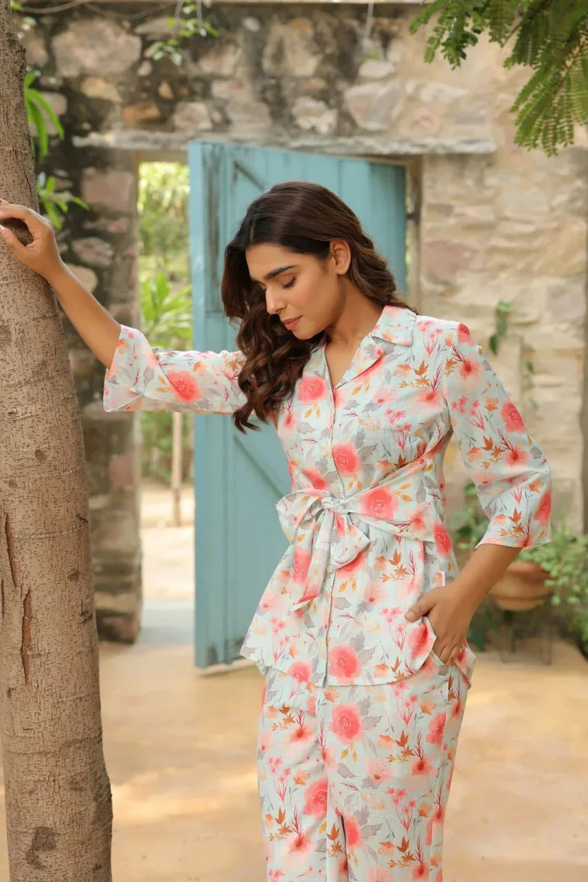 Beautiful Designer Floral Printed Lapel Cotton Co Ord Set