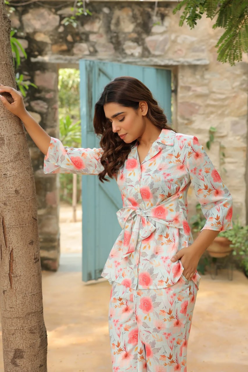 Beautiful Designer Floral Printed Lapel Cotton Co Ord Set