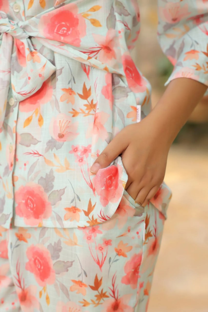 Beautiful Designer Floral Printed Lapel Cotton Co Ord Set