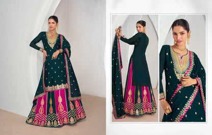 Green and Pink Chinnon Silk Anarkali Suit with Embellished Skirt &amp; Dupatta