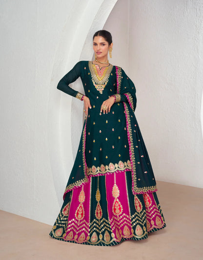 Green and Pink Chinnon Silk Anarkali Suit with Embellished Skirt &amp; Dupatta