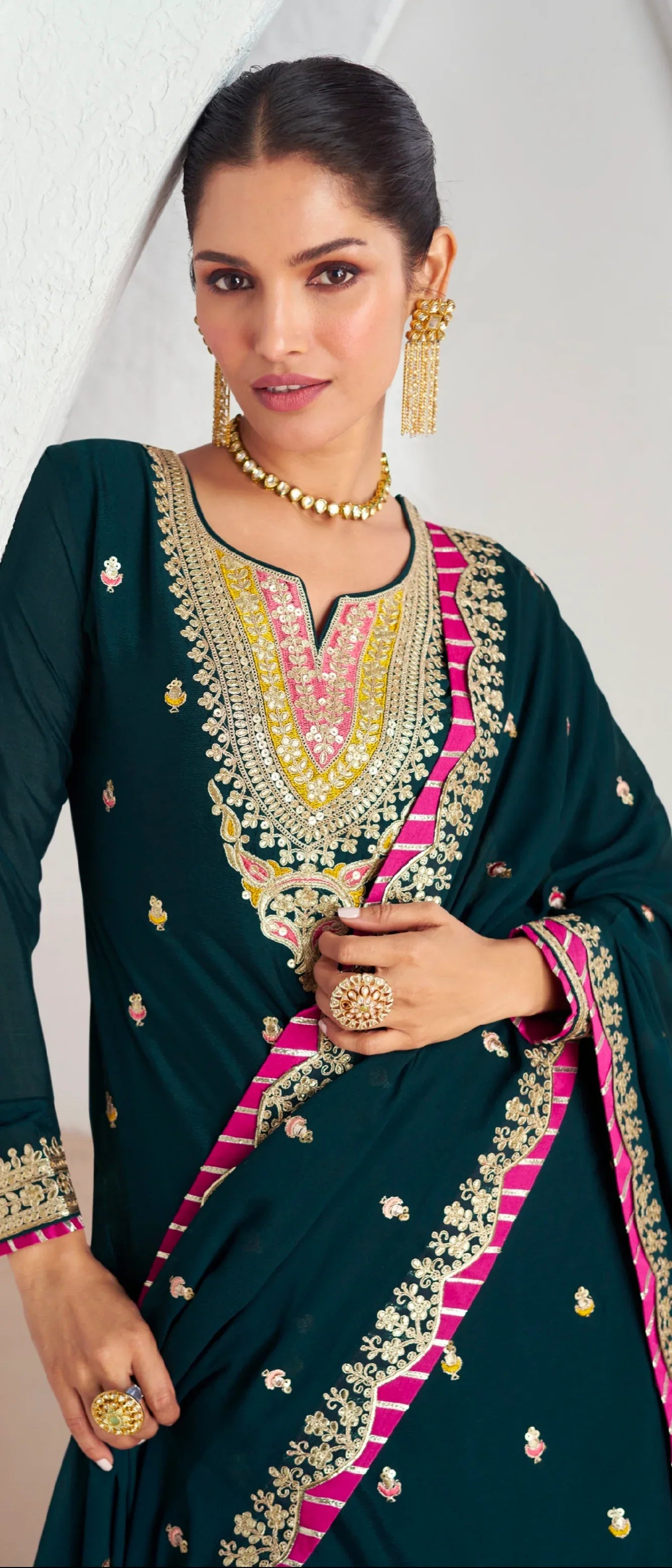 Green and Pink Chinnon Silk Anarkali Suit with Embellished Skirt &amp; Dupatta