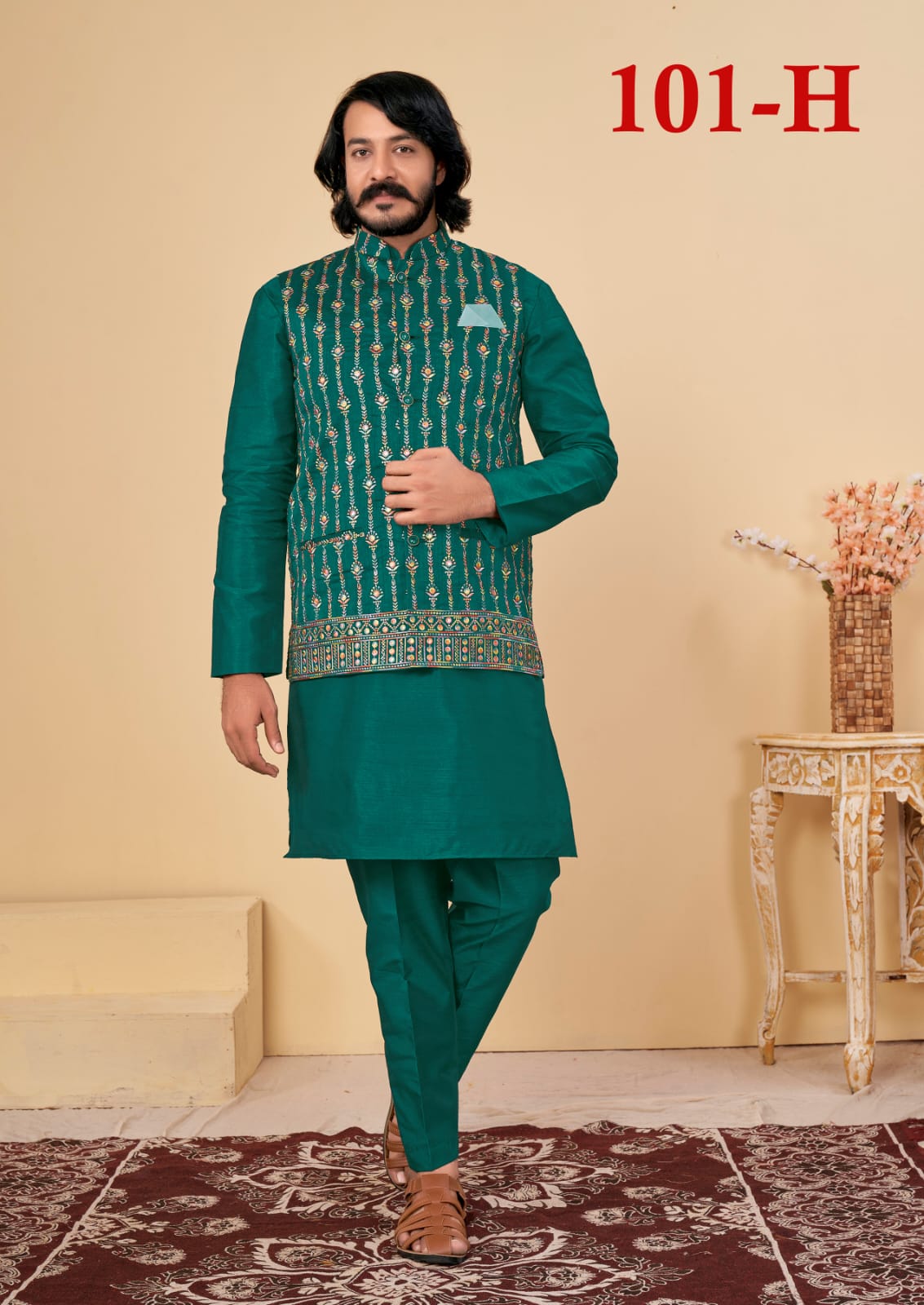 Beautiful Men's Designer Silk Kurta Payjama With Koti Jacket