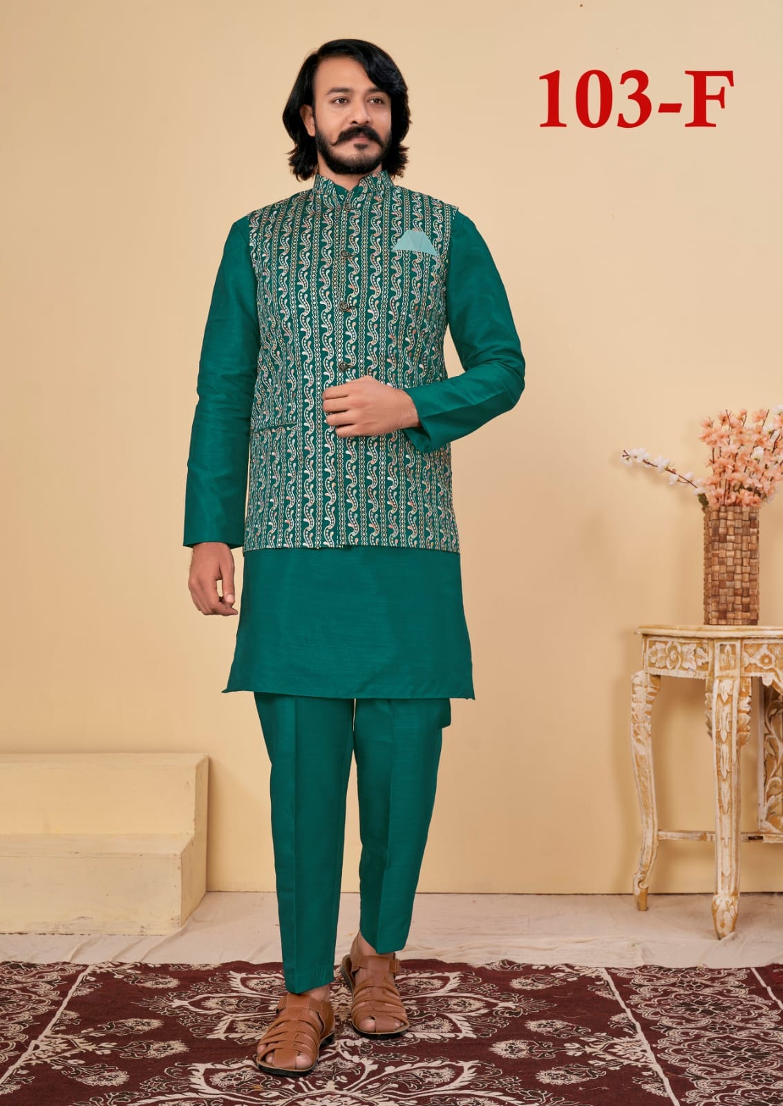 Beautiful Men's Designer Silk Kurta Payjama With Koti Jacket