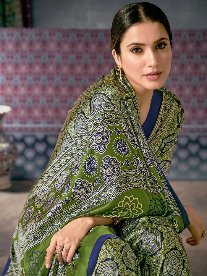 Beautiful Designer Party Wear Ajrakh Print Japan Crape Saree