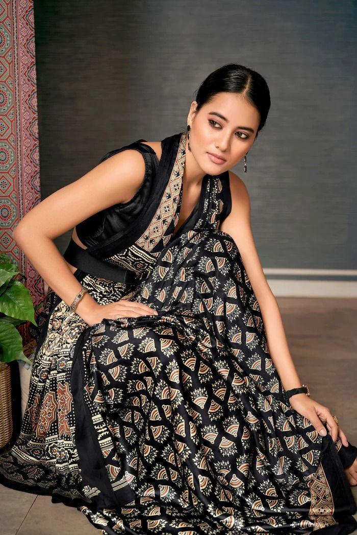 Beautiful Designer Party Wear Ajrakh Print Japan Crape Saree
